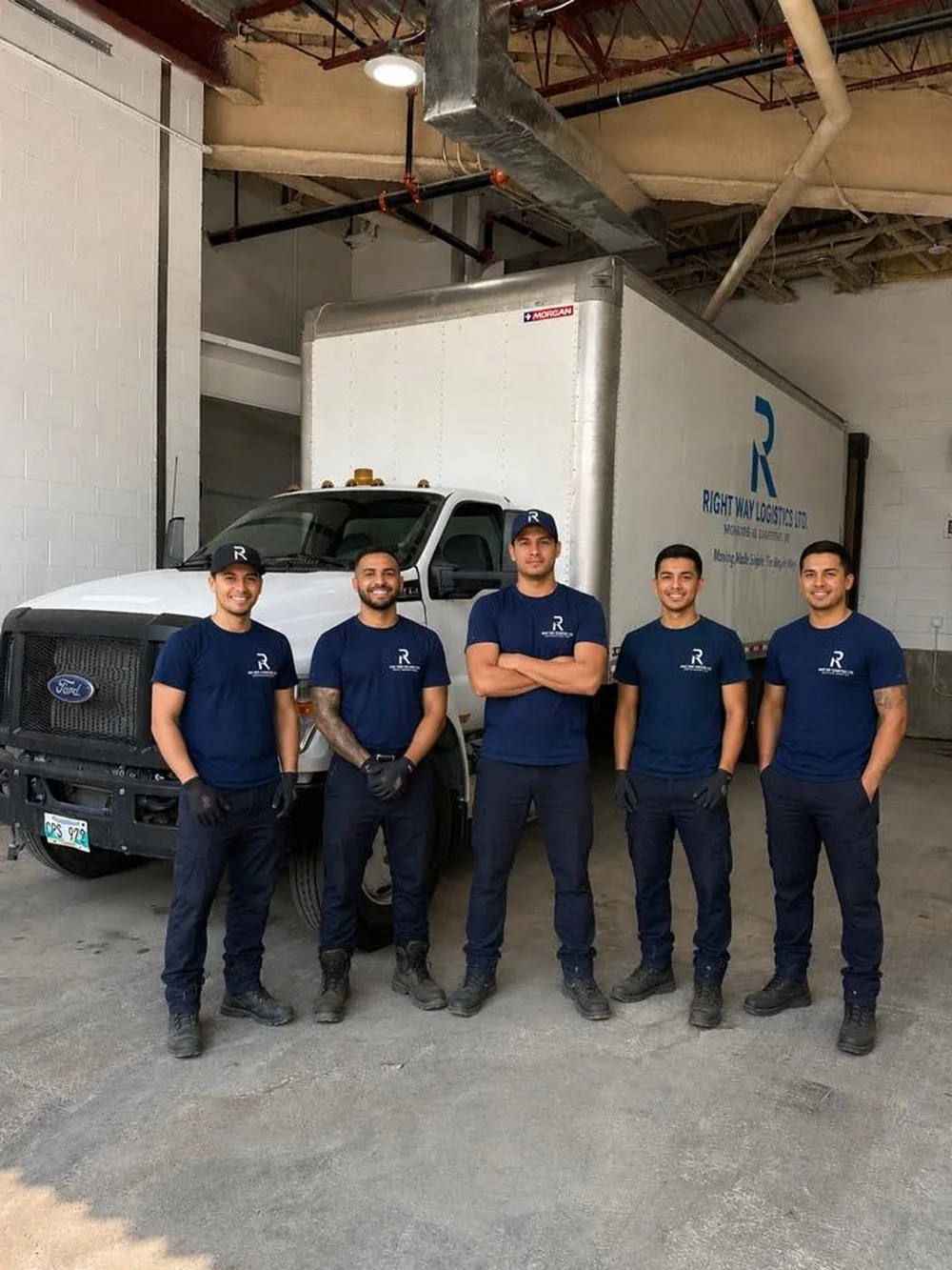 The Right Way Logistics team — five professional movers in Winnipeg in branded uniforms in front of their truck